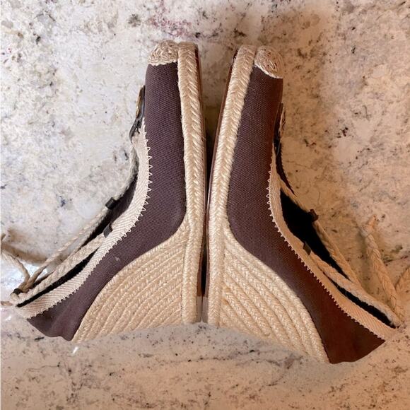 TORY BURCH $249 Brown Canvas Heel Wedge Espadrille 8.5 EUC - Picture 7 of 15